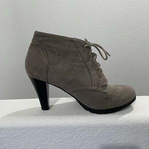 Gray suede lace up bootie heels